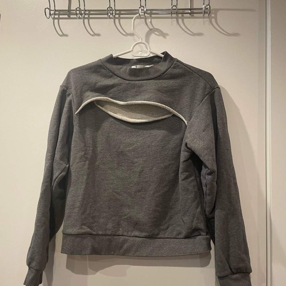 T by Alexander Wang Gray Crew Neck Sweater with Cut-Out Detail